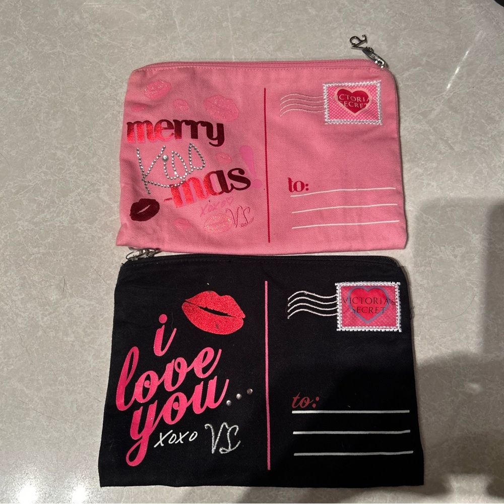 Vintage RARE Victoria's Secret VS Black and Pink Christmas Cloth Zipper Gift Bag